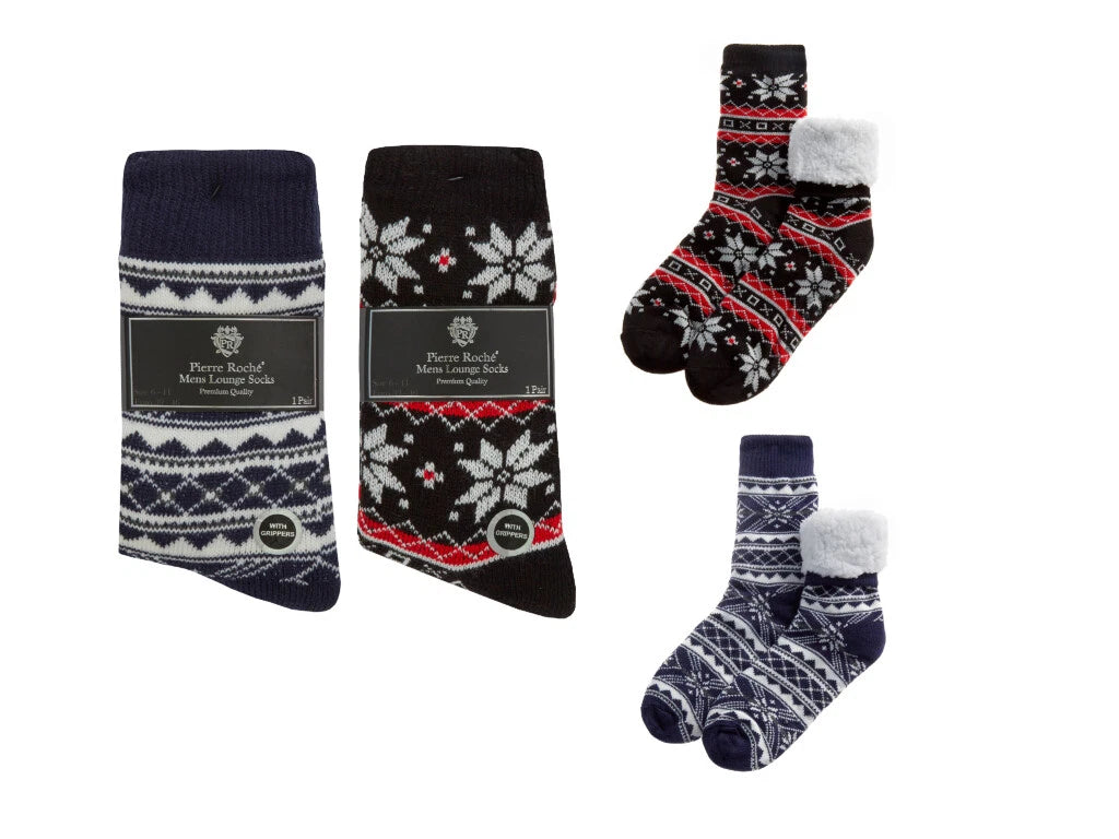 Chunky Knitted Mens Socks | Mid Calf Thermal Socks Mens | Mens Fairisle Chunky Knitted Socks | Sherpa Lined Lounge Bed Socks for Mens Uk 6-11