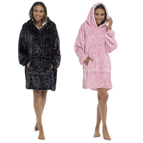 Womens Animal Print Panther Oversized Hoodie Blanket Fleece  Throw UK One Size