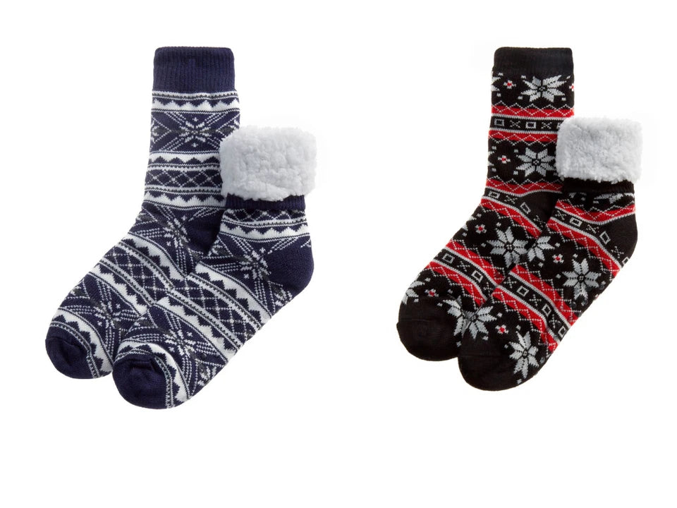 Chunky Knitted Mens Socks | Mid Calf Thermal Socks Mens | Mens Fairisle Chunky Knitted  Socks | Sherpa Lined Lounge Bed Socks for Mens Uk 6-11